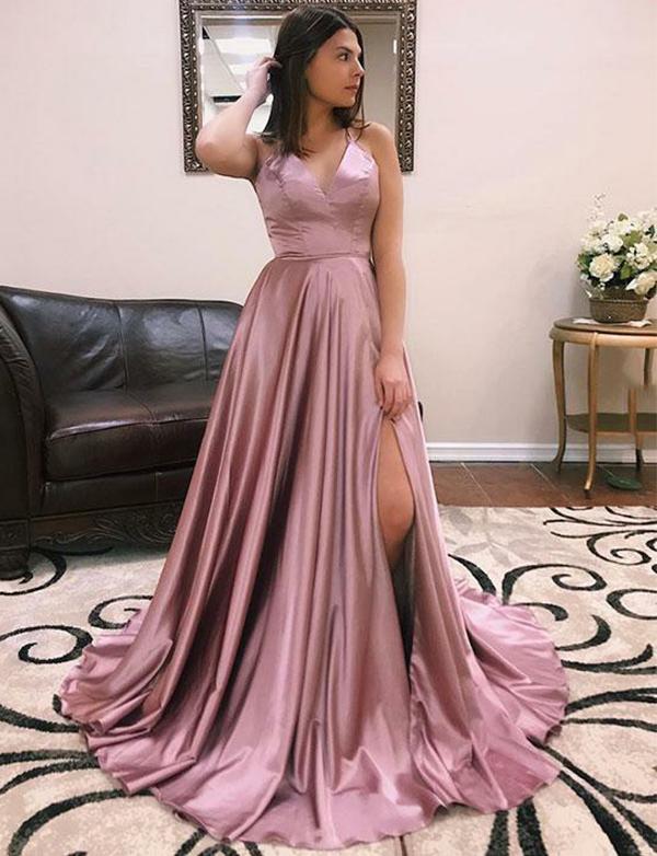Simple A Line Spaghetti Straps Prom Dresses Long Split Front cg14842