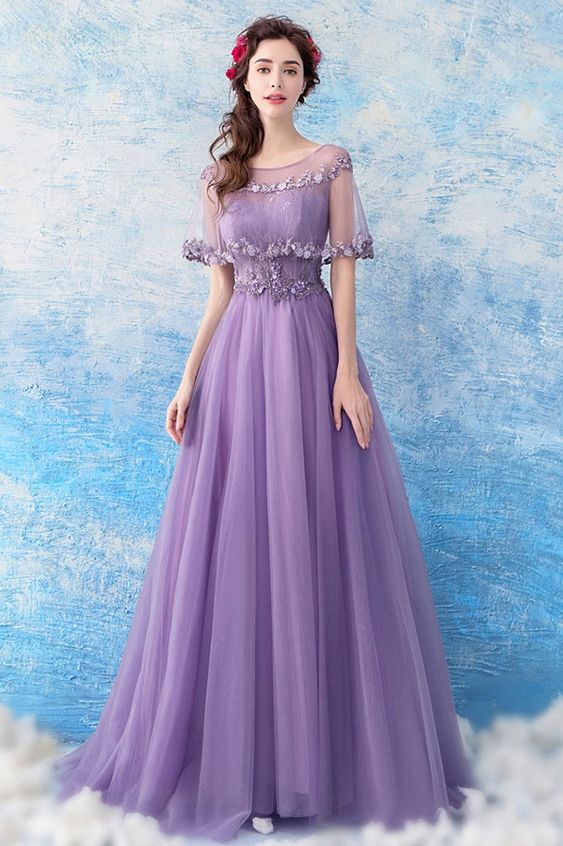 Elegant Purple Long Tulle Prom Formal Dress With Beaded Cape cg14845