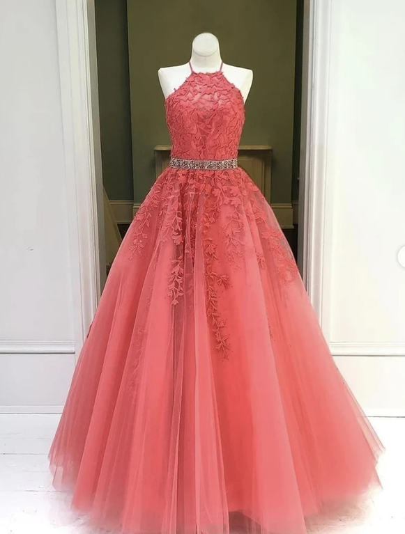 Red tulle lace long prom dress evening dress cg14867