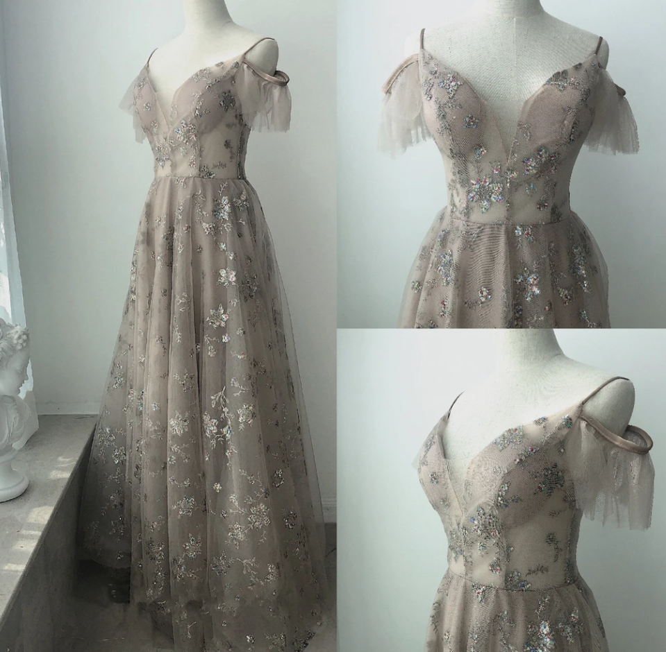 Beautiful Light Champagne Straps Long Party Dress, A-Line Floor Length Prom Dress cg14868