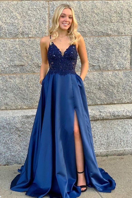 A-line navy blue satin long winter formal prom dress with pockets and side slit cg14876