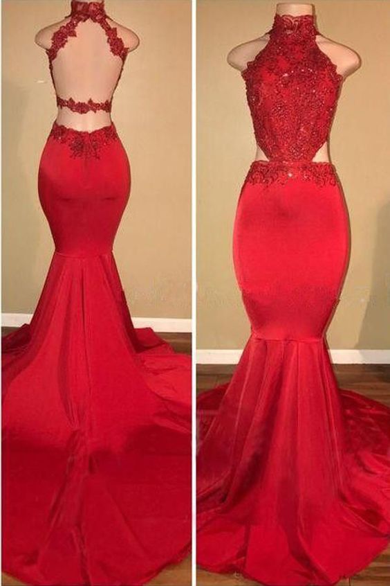Red Lace Mermaid Halter Long Prom Dress, Formal Dress, Party Dress cg14885