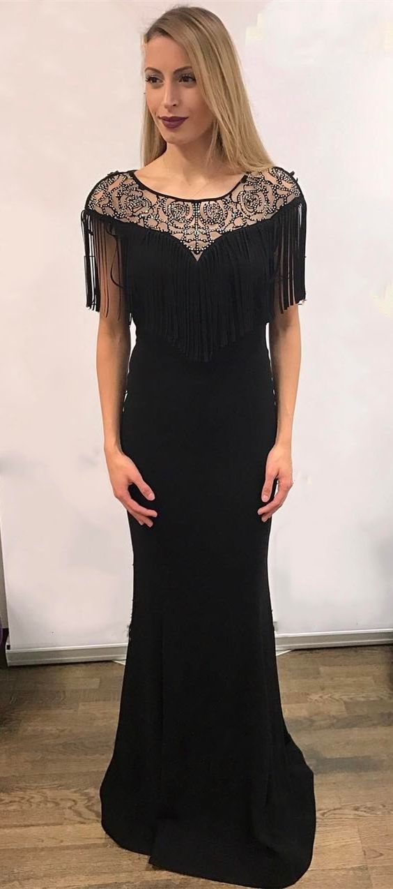 Mermaid Round Neck Floor-Length Black Prom Dress with Beading Tassel cg14895