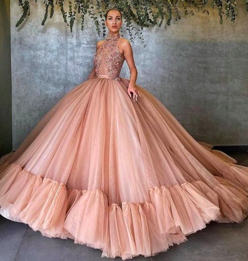 high neck beaded lace appliques tulle ball gown Prom Dresses cg14906