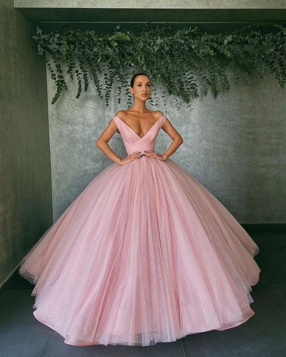 pink off the shoulder tulle ball gown Prom Dresses cg14907