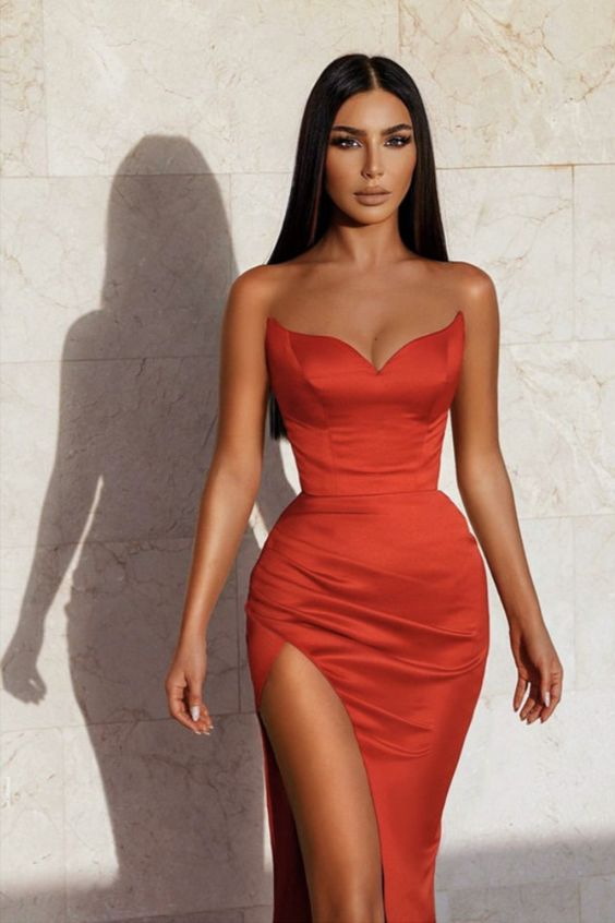 Red Mermaid Bridesmaid Dresses Satin Strapless Leg Split Evening Gowns classygown Red Mermaid Bridesmaid Dresses Satin Strapless Leg Split Evening Gowns classygown