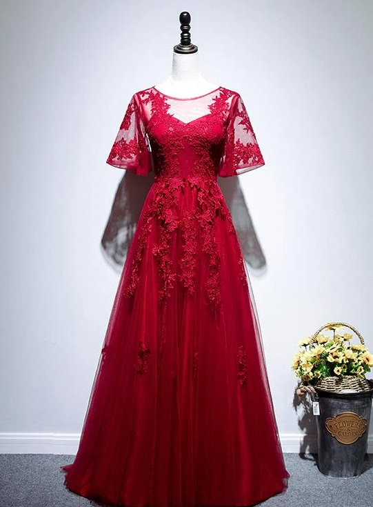 Beautiful Red Short Sleeves Tulle Prom Dress, Red Long Evening Gown cg14912
