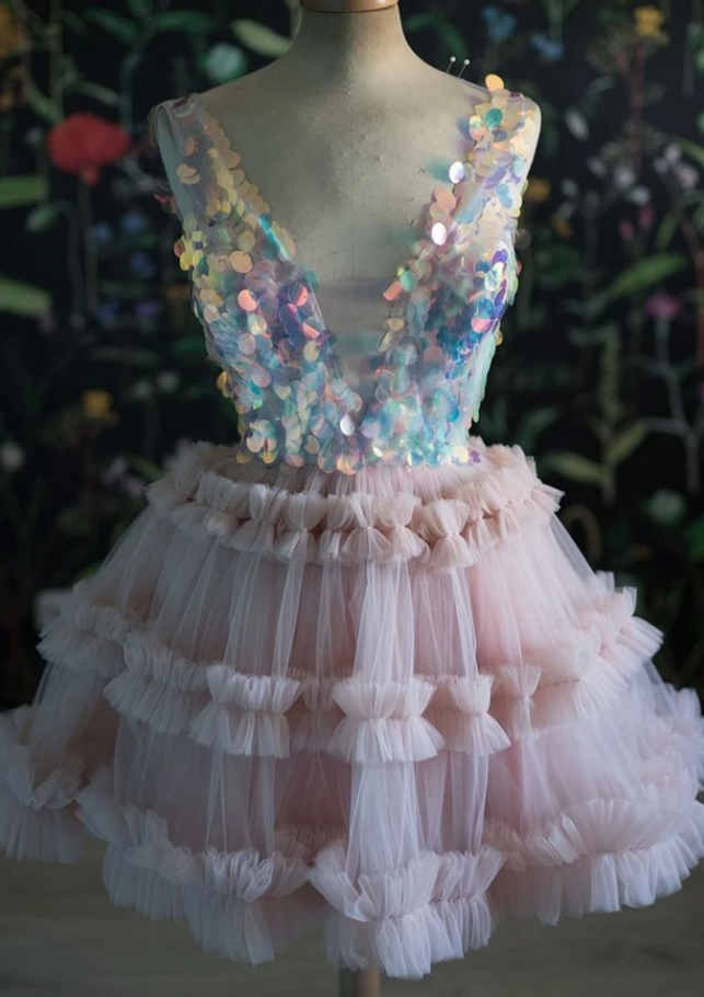 Homecoming Dress PINK V NECK TULLE SEQUIN SHORT DRESS PINK COCKTAIL DRESS cg14913