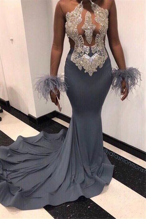 Delicate Beads Appliques Cheap Black Girl Prom Dresses | Sheer Tulle Mermaid Evening Gowns cg14931