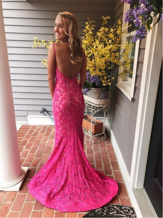 Pink Lace Prom Dresses,Mermaid Long Prom Dresses, Pretty Prom Dresses   cg14933