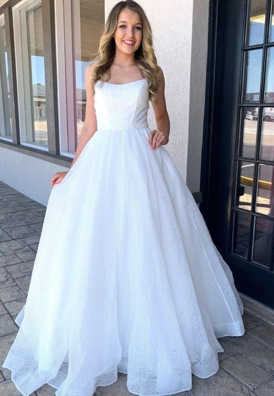 Langes Ballkleid aus weißem Tüll mit Pailletten, formelles Kleid, cg14946