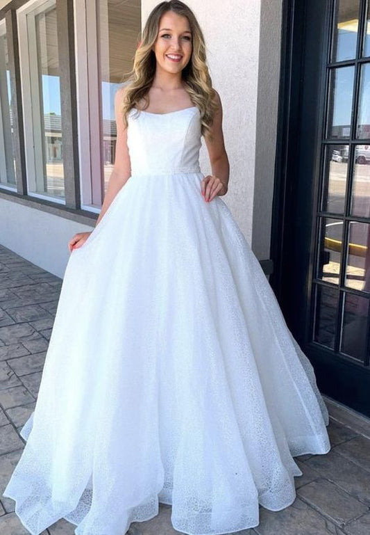 Langes Ballkleid aus weißem Tüll mit Pailletten, formelles Kleid, cg14946