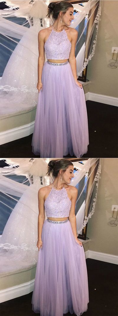 Two piece prom dress, halter long prom dress, modest tulle prom dress, simple prom dress cg1496