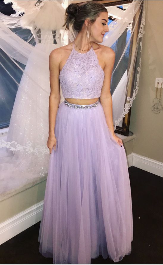 Two piece prom dress, halter long prom dress, modest tulle prom dress, simple prom dress cg1496