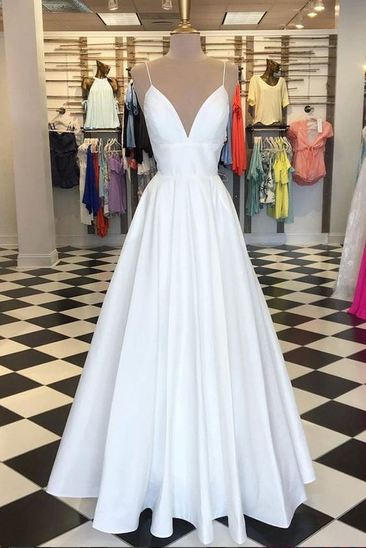 Weißes langes Ballkleid aus Satin mit V-Ausschnitt, weißes Abendkleid cg1497