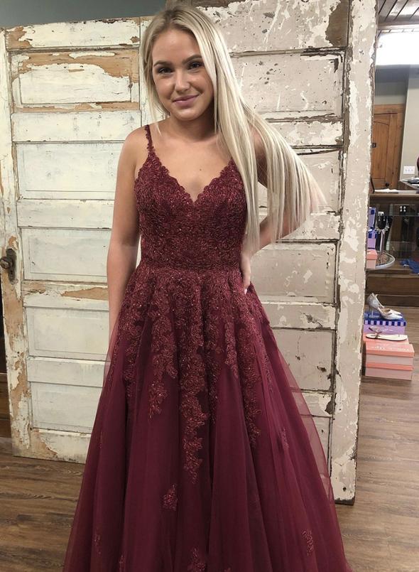 Burgundy v neck tulle lace long prom dress evening dress cg14971