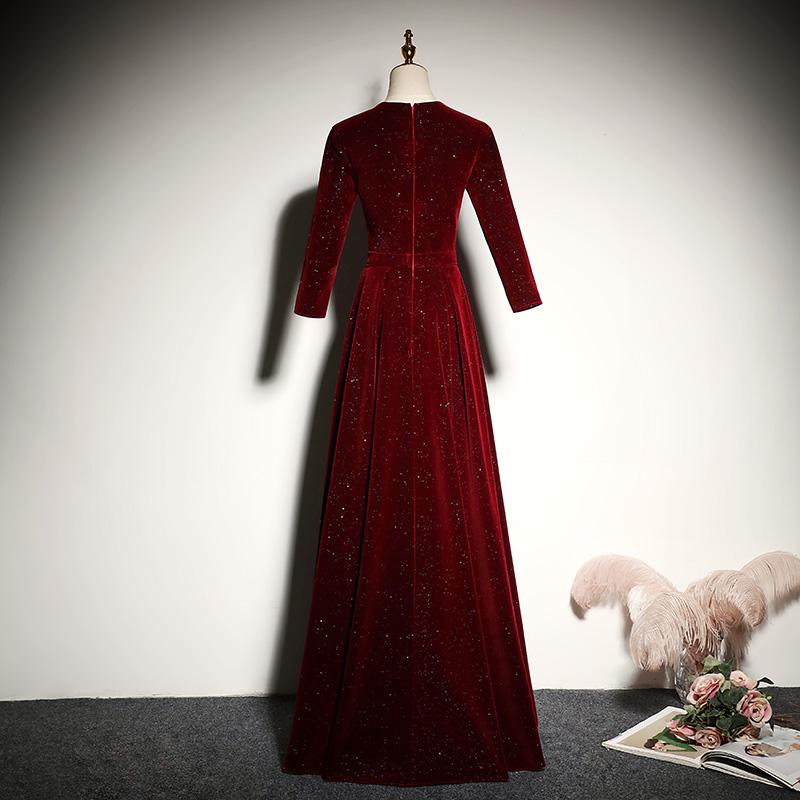 New Style Wine Red Velvet Long Sleeves Prom Dress, A-Line Floor Length Party Dress cg14972