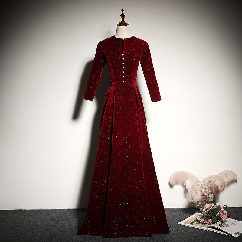 New Style Wine Red Velvet Long Sleeves Prom Dress, A-Line Floor Length Party Dress cg14972
