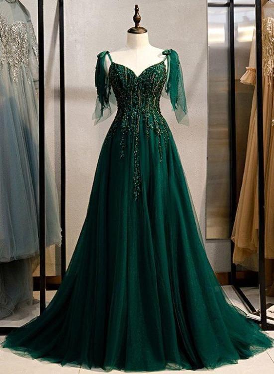 Elegant V-Neckline Straps Tulle Long Junior Prom Dress, Green Prom Dress 2021 cg14974