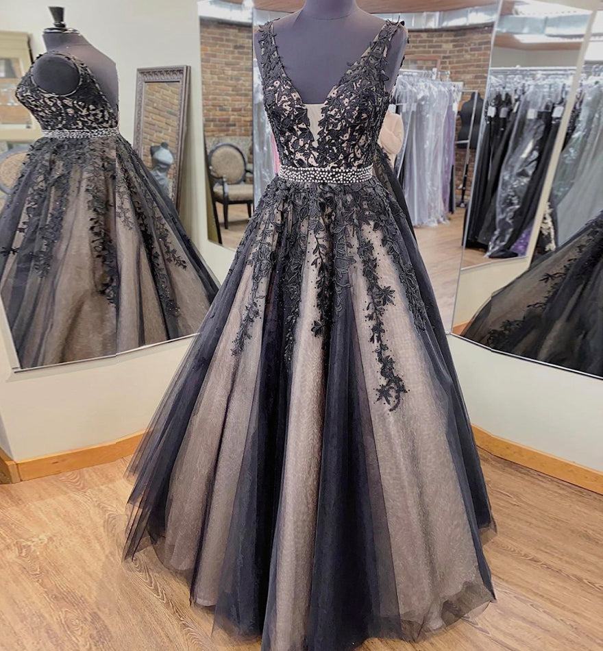 BLACK V NECK LACE LONG PROM DRESS LACE EVENING DRESS cg14976
