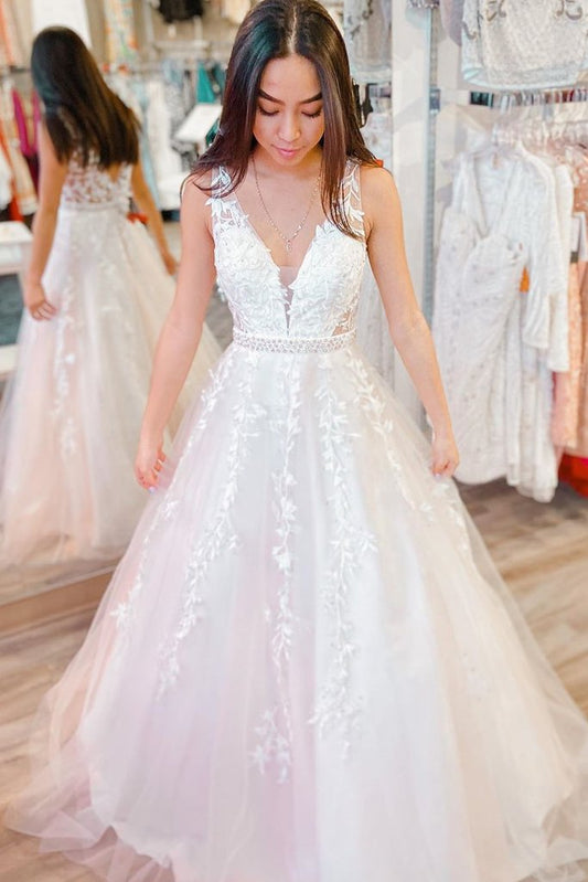 A-Linie V-Ausschnitt weißes Spitzen-Brautkleid mit Gürtel, langes formelles Ballkleid aus weißer Spitze cg14980