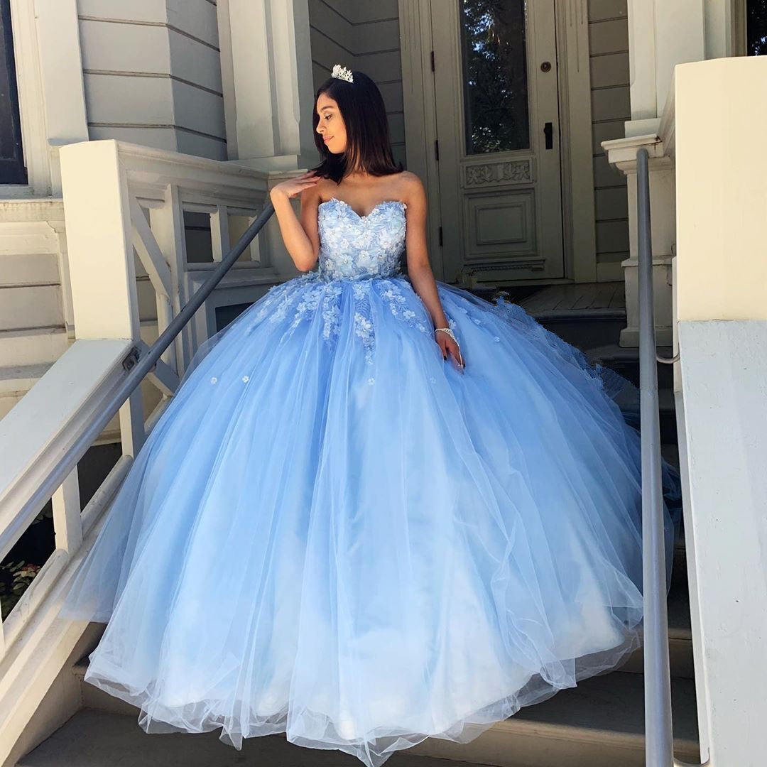 Princess Ball Gown Sweetheart Blue Prom/Evening Dresses with Appliques cg14981