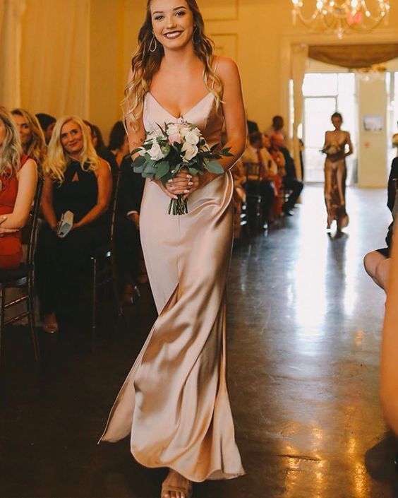 Simple Spaghetti Straps Champagne Prom Dress with Slit cg14988