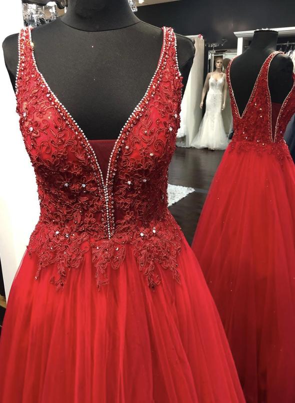 Red v neck tulle lace long prom dress evening dress cg14992