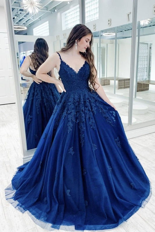 Blaues langes Ballkleid aus Tüll mit V-Ausschnitt, blaues Brautjungfernkleid aus Tüll cg14995