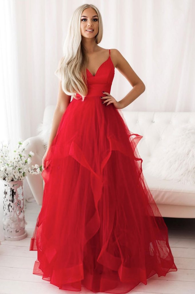 RED V NECK TULLE LONG PROM DRESS RED TULLE EVENING DRESS cg14996