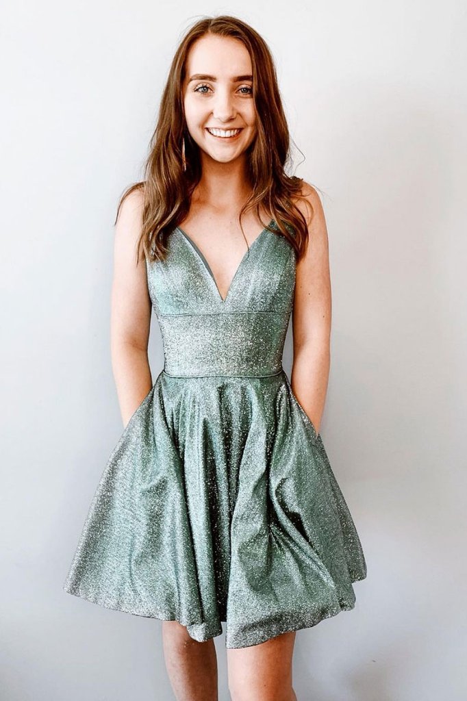 Green v neck short homecoming dress green cocktail dress cg14997