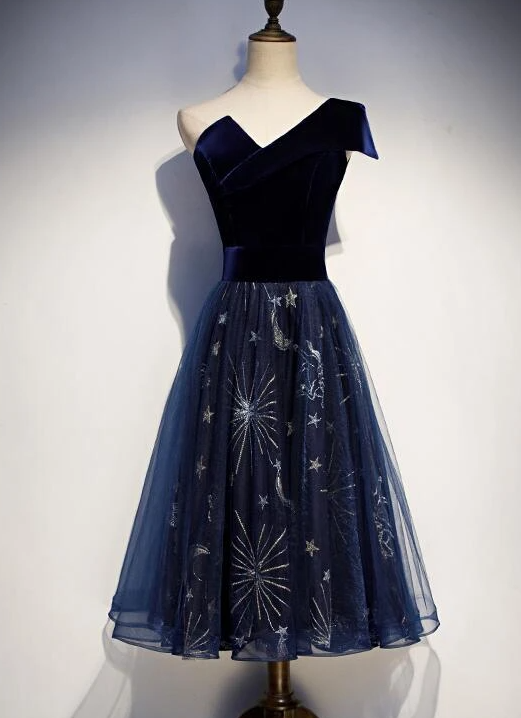 Elegantes marineblaues Brautjungfernkleid mit einer Schulter, blaues Hochzeitspartykleid, Abschlussballkleid cg15009