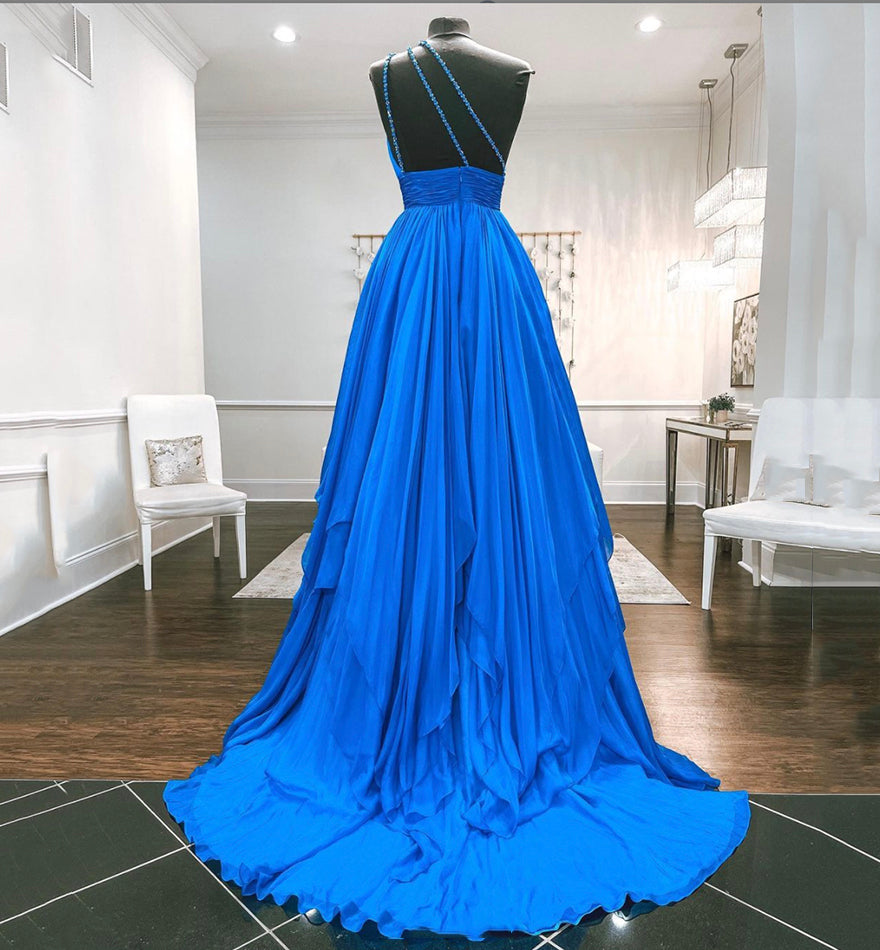 BLUE CHIFFON LONG PROM DRESS ONE SHOULDER EVENING DRESS cg15010