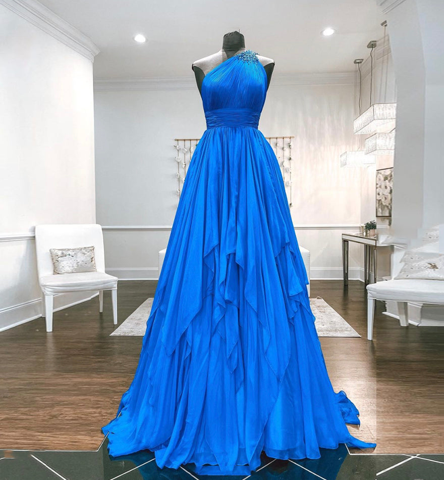 BLUE CHIFFON LONG PROM DRESS ONE SHOULDER EVENING DRESS cg15010