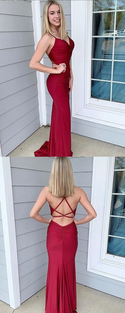 Schlichtes Burgunderrotes Satin-Meerjungfrauen-Ballkleid mit Spaghettiträgern cg15015