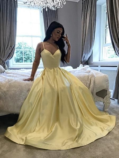 Gelbes langes Satin-Ballkleid mit V-Ausschnitt, gelbes langes formelles Abendkleid cg15024