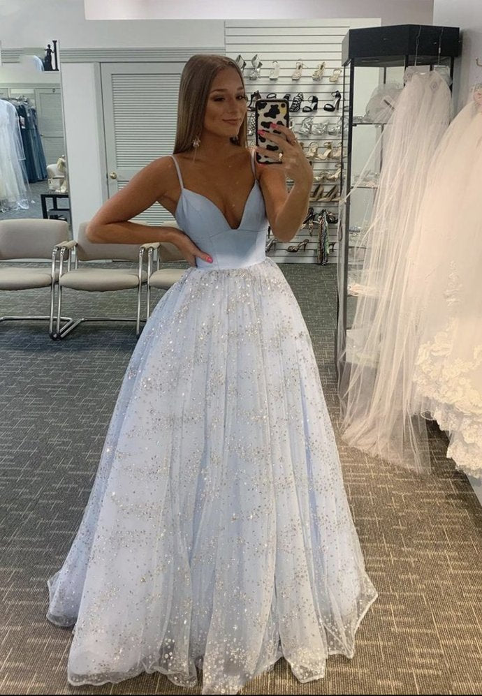 Blue v neck tulle sequins long prom dress evening dress cg15035