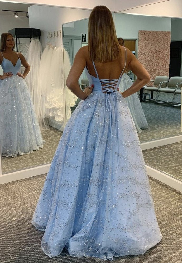 Blue v neck tulle sequins long prom dress evening dress cg15035