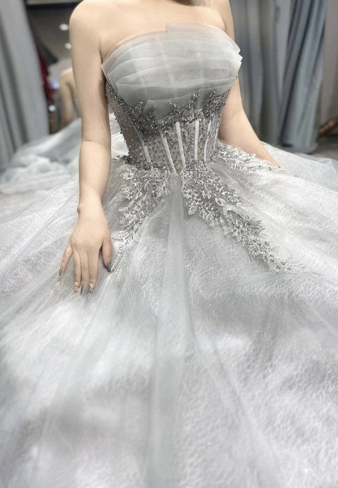 Grey tulle lace long ball gown prom dress formal dress cg15038