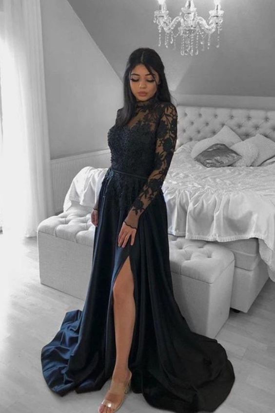 Elegant A-Line High Neck Satin Lace Long Prom Evening Dresses with Split cg15046
