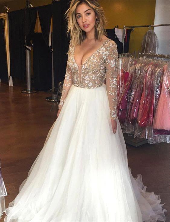 Latest Long Sleeve Beading Prom Dresses Sexy Lace Applique 2020 Evening Gowns cg15061