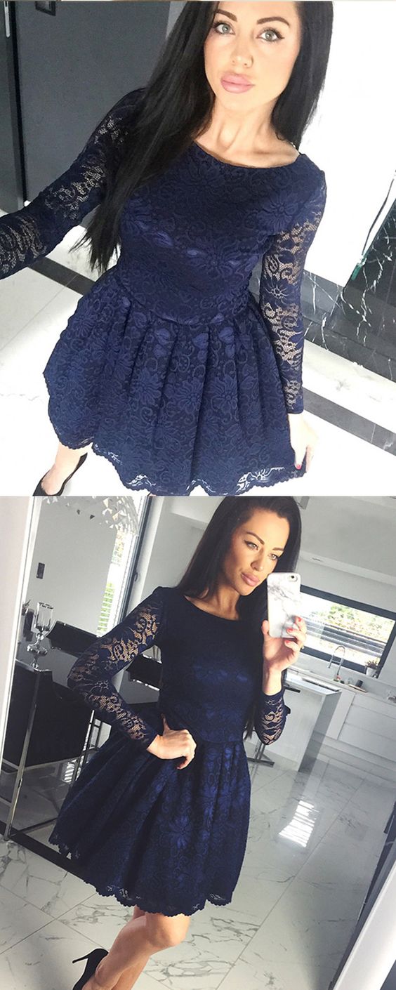 marineblaues Homecoming-Kleid aus Bateau-Spitze, kurzes Homecoming-Kleid mit langen Ärmeln cg1508