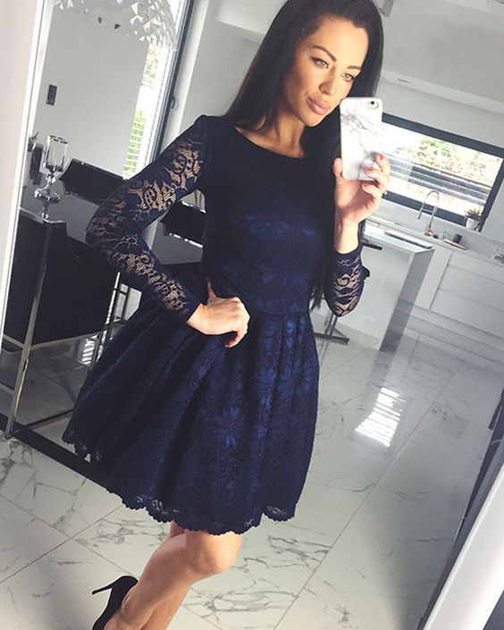 marineblaues Homecoming-Kleid aus Bateau-Spitze, kurzes Homecoming-Kleid mit langen Ärmeln cg1508