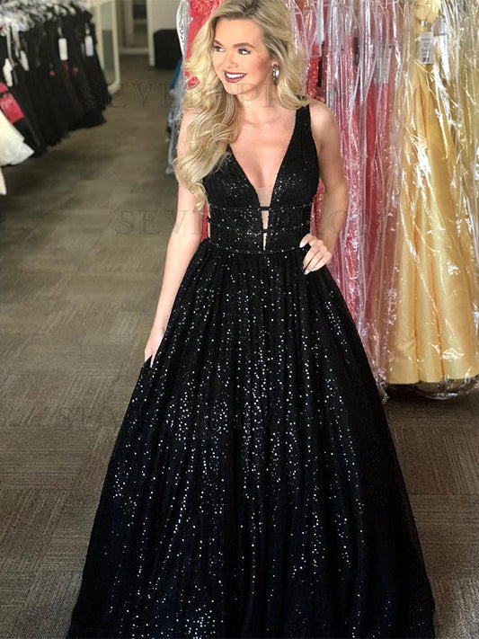 Langes schwarzes Ballkleid mit V-Ausschnitt, ärmellos und Pailletten, offener Rücken, Abendkleid cg1511