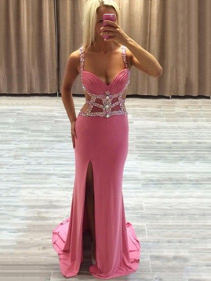 Sheath/Column V-neck Sweep Train Chiffon Prom Dresses with Beading Split Front cg15115