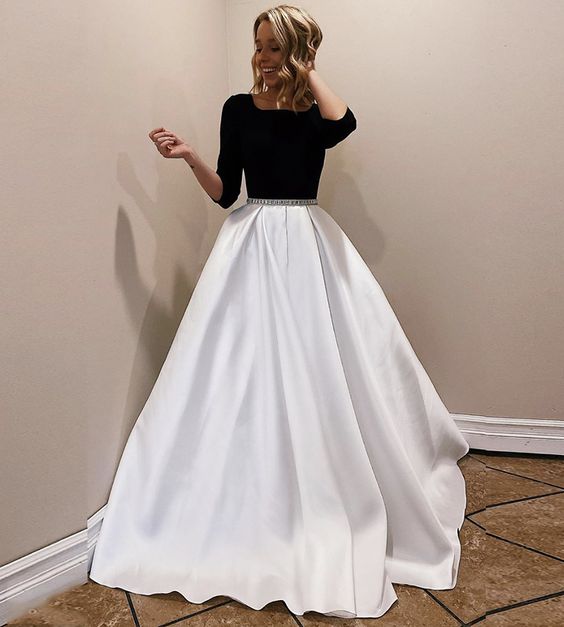 Black and white long prom dress evening dress cg15117