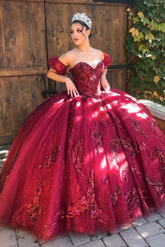 BURGUNDY SWEETHEART TULLE LACE OFF SHOULDER LONG PROM DRESS cg15124