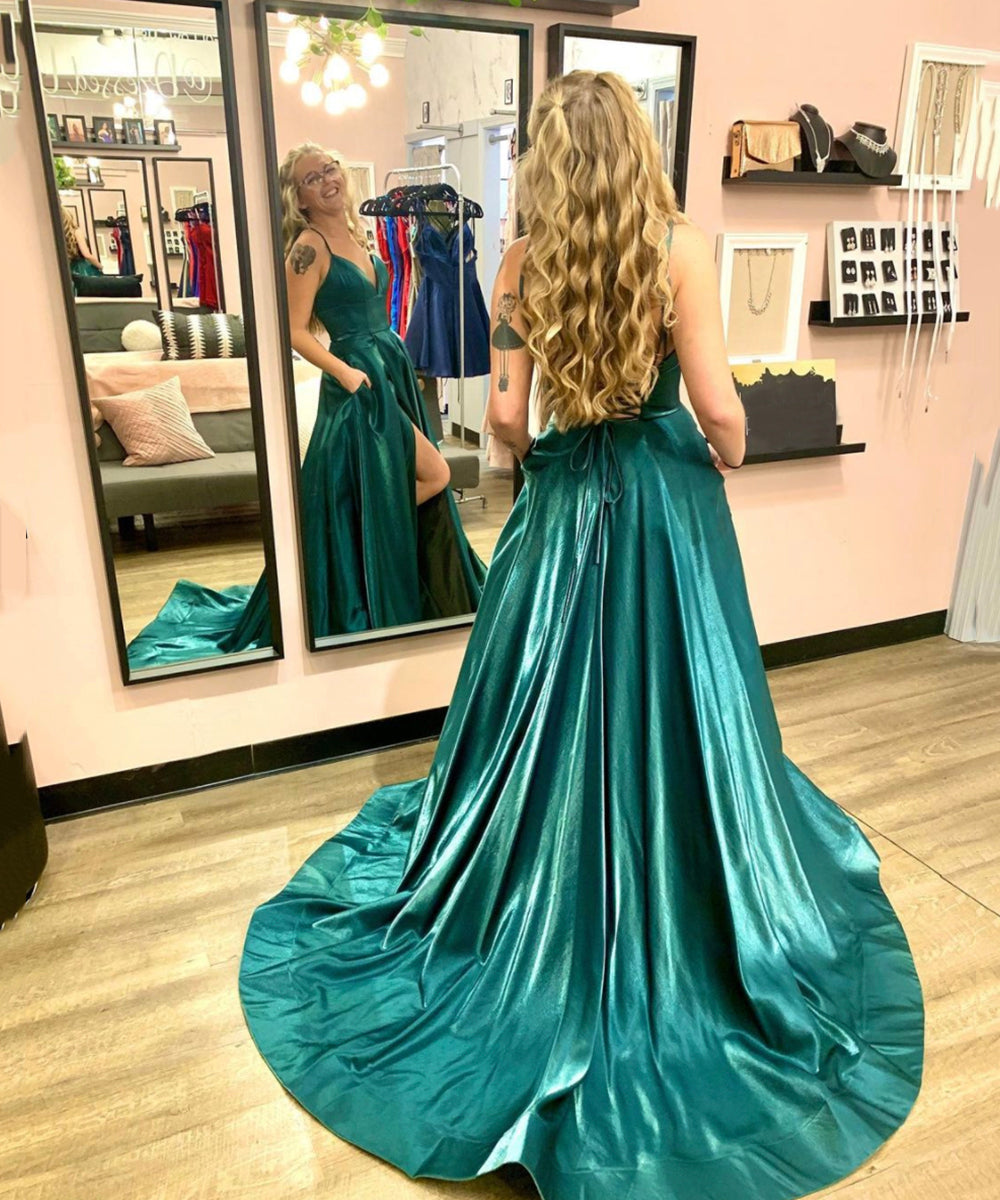 GREEN SATIN LONG PROM DRESS SIMPLE EVENING DRESS cg15125