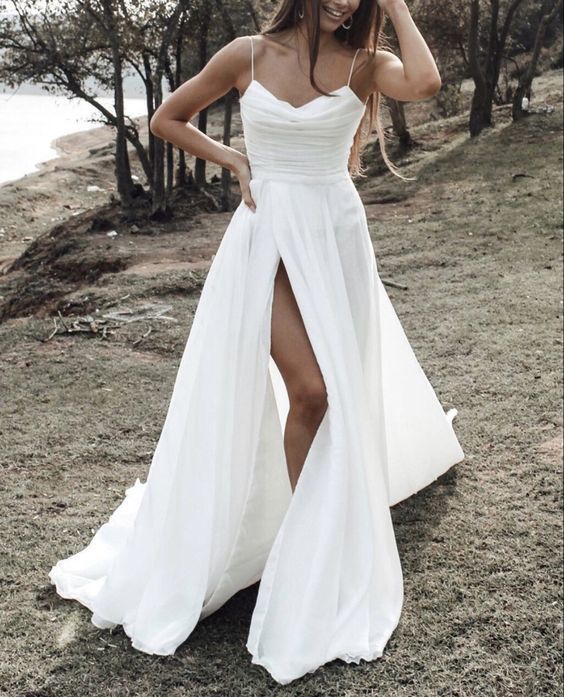 Simple beach chiffon prom dress leg split cg15129