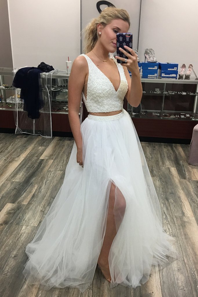 Gorgeous V Neck Two Pieces White Beaded Long Prom Dress with Slit cg15174